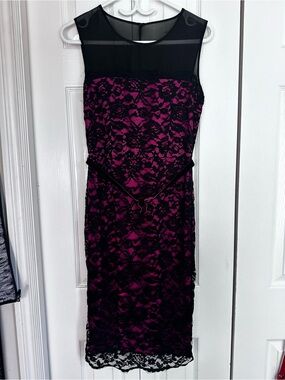 VENUS Black Lace Midi Dress with Magenta Underlay
